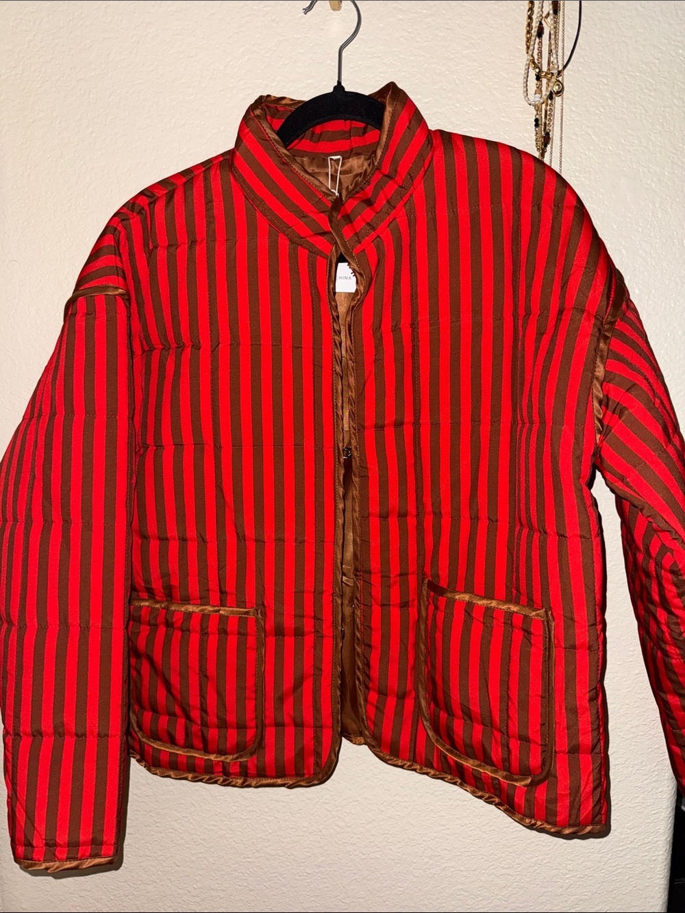 Red & Brown Striped Puffer Jacket - Women
